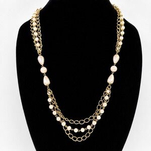 Vintage Lady Remington Faux Pearl Gold Tone Layered Chain Necklace 24" Statement